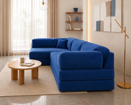 Image of Torque Vegas 5 Seater L Shape Sofa Cum Bed for Sleeping - Blue | Suede Fabric 5 Seater Sectional 2 in 1 Sofa Bed | Corner L Shaped Sofa Set for Living Room Office