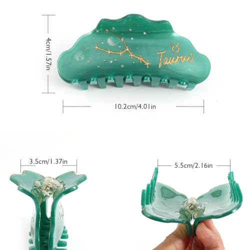Taurus Zodiac Sign Hair Claw with Crystals, Green Personalized Acetate Hair Clip for Women Gift 1 Piece