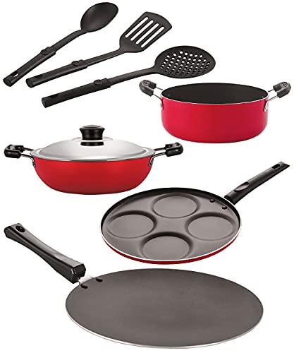 Image of Nirlon Nonstick Coated Aluminium 7 Pcs Set of Concave Tawa-28.5cm,Deep Kadhai-24cm,Casserole-20cm,Uttapam-4 Cavity & 3 Spoon (2.6mm CT12 DKD(B) Cass20 UP4 3SPN)