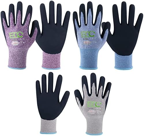 KANGLONGDA 7 Pairs Women Gardening Gloves, EN388 2131X Outdoor Protective Work Gloves with Breathable Micro-Foam Coating for Gardening, General Purpose, Courtyard, 3 Purple + 3Blue +1 Grey