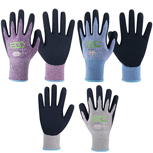 Kanglongda 7 Pairs Women Gardening Gloves, En388 2131X Outdoor Protective Work Gloves With Breathable Micro-Foam Coating For Gardening, General Purpose, Courtyard, 3 Purple + 3Blue +1 Grey #TOP10