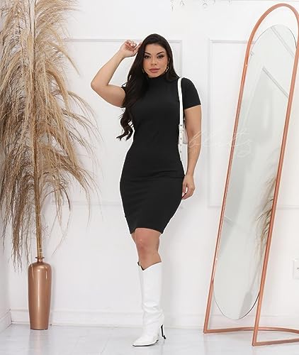 Vestido Canelado Casual Malha Premium Com Gola e Manga Curta Médio Básico Casual Tamanho Único (Pret