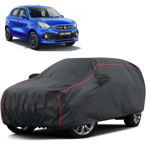 Image of Sulfar 100% Water Resistant Car Body Cover Compatible with Mirror for Maruti Suzuki Celerio (Triple Stitched, Full Bottom Elastic, Dark Grey Taffeta with Red Piping)