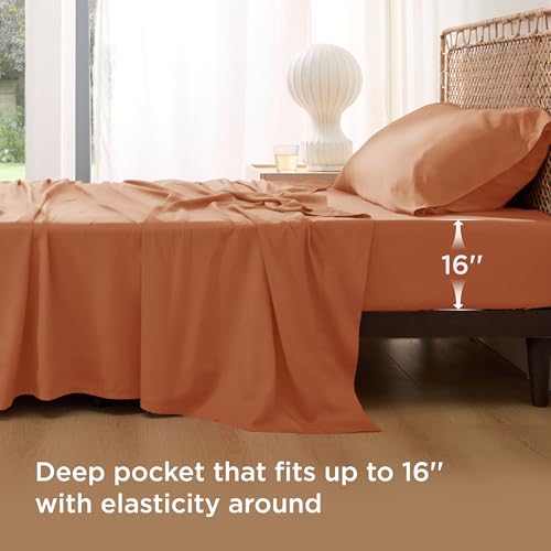 Image of Bedsure Cooling Sheets Twin XL, Rayon Derived from Bamboo, PureWoven, Breathable & Soft Twin XL Sheet Sets, Deep Pocket Up to 16 Inches, Hotel Luxury Silky Dorm Bedding for Hot Sleepers, Burnt Orange