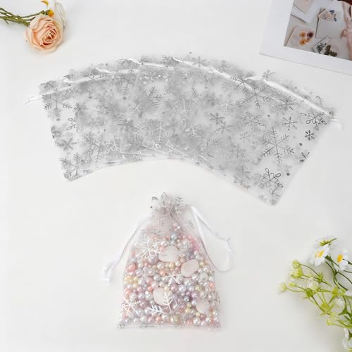 Image of Snowflake Organza Bags, 50 PCS Christmas Sheer Organza Bags with Drawstring 4 x 6 inch, Jewelry Gift Bag, White Small Mesh Goodies Xmas Wedding Favor Mini Candy Pouches Bag for Christmas Party Favors