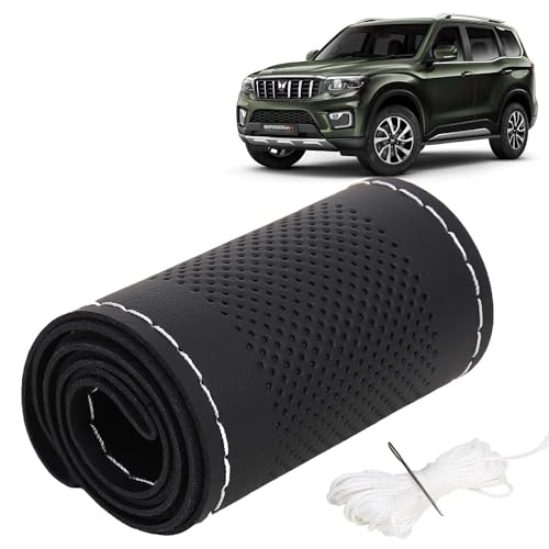 Image of KINGSWAY PU Leatherite Car Steering Cover Sewable Compatible with Mahindra Scorpio N (Year 2022 Onwards), Black Color with Silver Thread, Pack of 1 with Sewing Needle and Thread