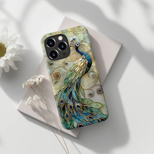 Image of Goodon for iPhone 13 Pro Max Case Cute - Wireless Charging Compatible - Dual-Layer Hard Shell + Silicone Cover - Protective Phone Case with Trendy Designs for Women - Peacock and Flower