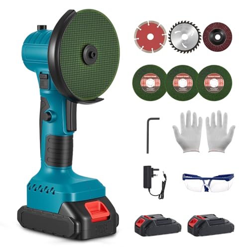 21V Cordless Angle Grinder with 180° Head Angle Adjustable, Power Mini Angle Grinder 19500RPM Brushles Motor with 2X 2.0Ah Batteries, 6PCS 76mm Disc, for Cutting, Grinding, Polishing, Sanding