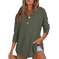 ANRABESS Camisetas femininas de manga comprida com gola V Henley elegante, casual, canelada, confortável, túnica com bolso, Verde escuro, XGG