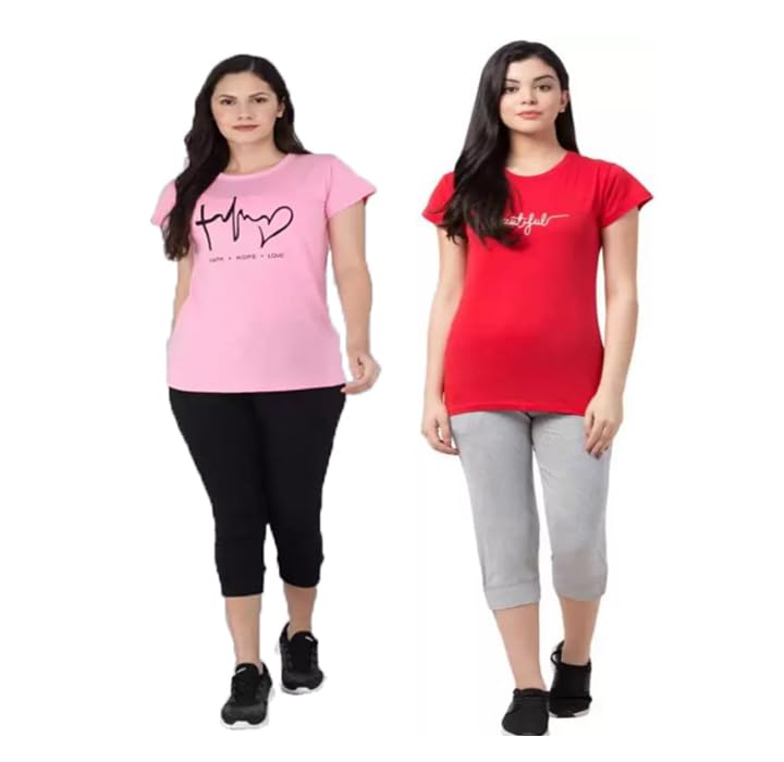 py pinkyou Women's Cotton Half Sleeve Printed T-Shirt and Capri Bottom Set Look Trendy Stylish and Attractive Comfy and Casual Purpose-picture-22