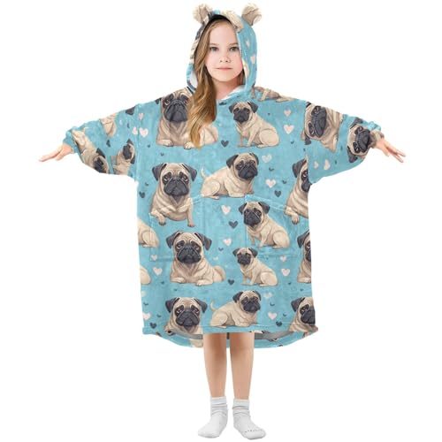 AMmao Blue Pug Dog Wearable Blanket Hoodie Kids Flannel Oversized Blanket Sweatshirt with Hood Pocket Cozy Soft Warm Hooded Blanket for Boys Girls 3-14 Year, M
