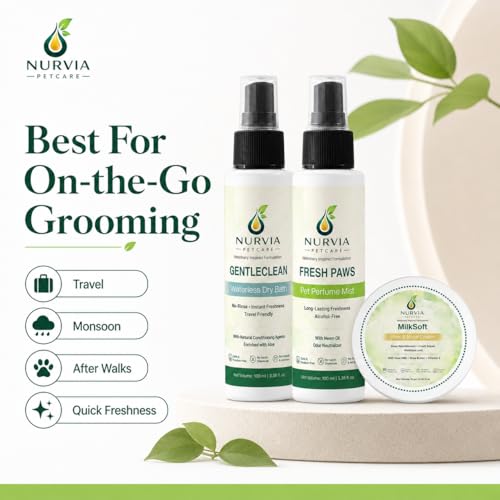 Image of Waterless Dog Grooming Kit by Nurvia Petcare | Dry Bath Spray + Perfume Mist + Paw Balm | Lemon Eucalyptus Aloe Vera Goat Milk | No Water No Rinse Travel-Friendly 3-in-1 | 100ml +100 ml + 15gm