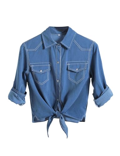 Image of Omoone Wome Crop Modern Denim Top Tie Knot Shirt Chambray Cardigan | Roll Up 3 /4 Sleeve, Button Down, Tie Front Blouse, Western Cowgirl Jean Shirts
