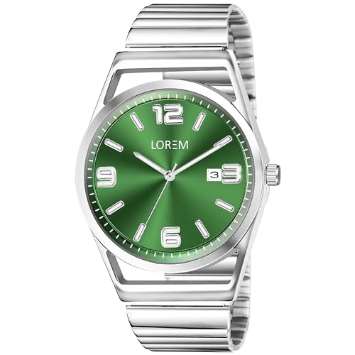 Image of LOREM Men's Stainless Steel Watch, Black Round Dial, Silver Band, Date Display, Quartz Movement