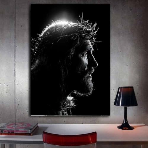 Christ Couronne d'Épines toile décoration murale tableau noir blanc - 3