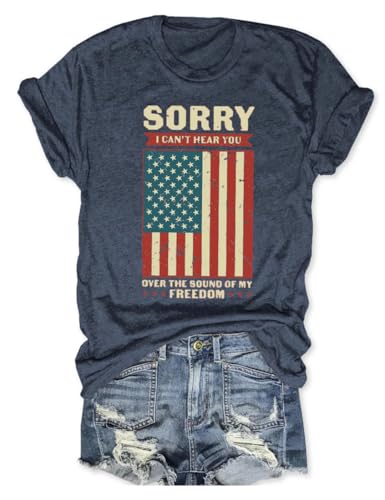 Nakater Women's Sorry I Can't Hear You Over The Sound of My Freedomn Shirt Memorial Day American Flag Crew Neck Short Sleeve Graphic Tee (XXL,01anavy)