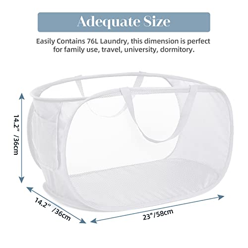 Image of Strong Mesh Pop Up Laundry Basket, Collapsible Laundry Hamper with Side Pocket, Foldable Clothes Hamper with Durable Reinforced Handles for Laundry, Bathroom, Kids Room, Dorm or Travel 2 Pack White
