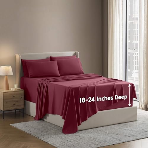 Image of Nestl Extra Deep Twin Sheet Set - 4 Piece Breathable & Cooling Sheets - Hotel Luxury Bedding Set w /18-24 Inch Deep Pockets - Easy & Secure Fit - Super Soft, Wrinkle Free & Comfy - Burgundy Red