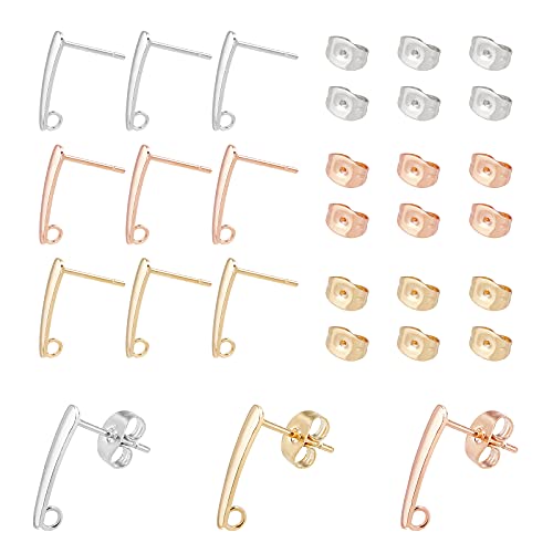 UNICRAFTALE 30pcs 3 Colors Strip Stud Earring Findings 304 Stainless Steel Earring Posts Golden Rose Gold Silver Long Bar Earrings Stud with Loop Earring Components for Earring Making, Pin 0.8mm