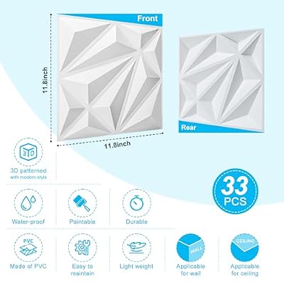 Art3d 33-Pack 3D Wall Panel for Interior Wall Decor, Diamond Textured PVC Accent Wall Paneling for Living Room Bedroom Office TV Wall Background, 11.8x11.8 Cover 32.Sq.Ft., White
