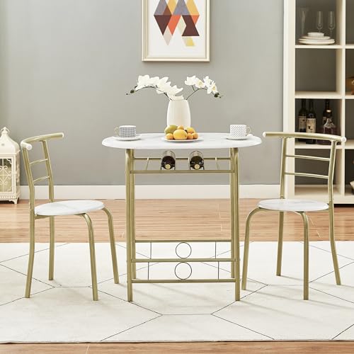 Image of VECELO 3-Piece Dining Table Set for Kitchen Breakfast Nook, Wood Grain Oval Tabletop and Metal Frame with Built-in Wine Rack, for Small Spaces, 31.5 inch, White & Gold