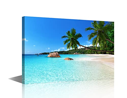 TISHIRON Peinture murale artistique avec paysage tropical botanique avec île de sable avec cocotiers et mer, décoration à suspendre pour chambre à coucher, salon,...