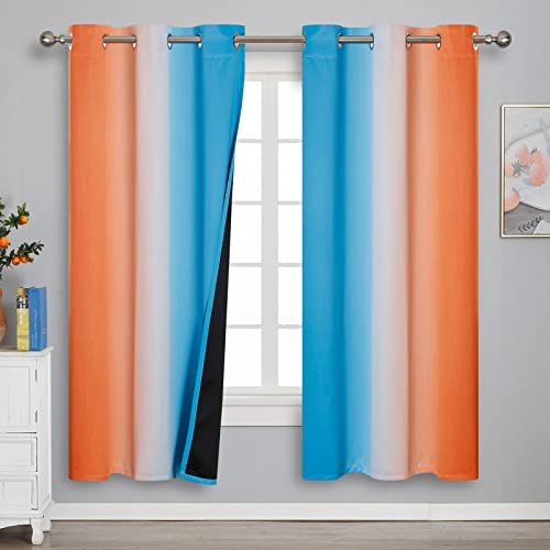 Ombre Orange and Blue Blackout Curtains 72 Inch Length 2 panels, Full Room Darkening Curtains for Bedroom, Thermal Insulated Gradient Drapes, Full Light Blocking Curtains with Grommet, 42x72 Inch