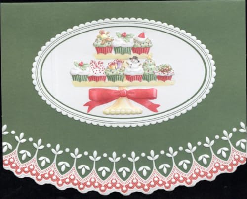 Image of Set of 3 - Christmas Holiday Tiered Cupcakes Portfolio Boxed Note Cards by Carol Wilson Fine Arts. 10 embossed 4x5 Die-Cut Notecards and Matching Envelopes in Decorative Gift Box with Magnetic Flap. NCPX2500