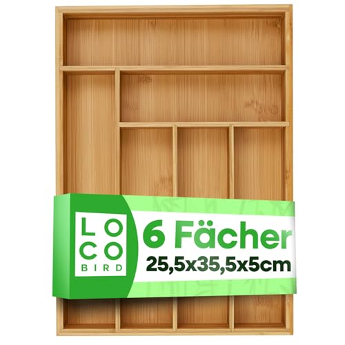 Loco Bird Cubertería para cajones de bambú, 6 compartimentos - 25,5 x 35,5 x 5 cm, inserto de cubiertos para cajones ajustable - Organizador de cubiertos Cocina Madera - Inserto de cajón Cocina