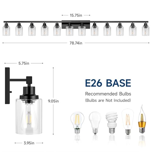 Image of 12 Light Bathroom Light Fixtures, Black Bathroom Lighting Fixtures Over Mirror Matte Black Modern Vanity Lights Wall Lighting for Mirror Bedroom, Living Room (78.7inch)
