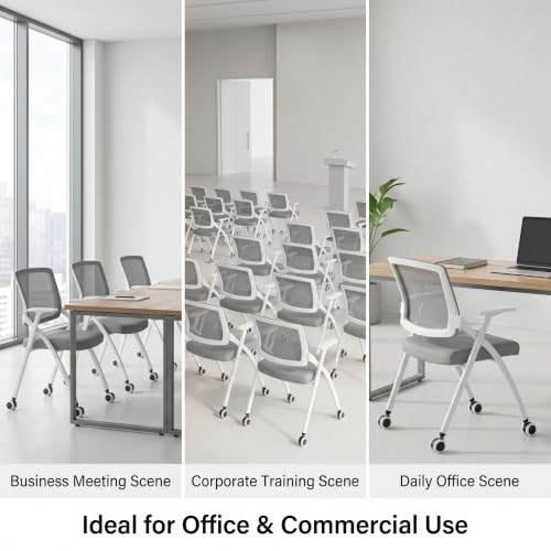 Image of Folding Office Chair Conference Room Chair with Armrest Mesh Back, Stackable Foldable Office Chair for Guest Reception Meeting Classroom Training Seminar (50, Gray- with Wheel)