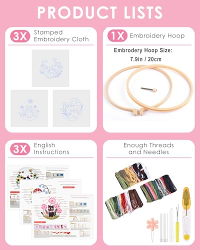 Image of TINDTOP Embroidery Kit for Adults, Cat Embroidery Practice Kit | for Beginners Include Embroidery Cloth Hoops Threads for Craft Lover Hand Stitch with Embroidery Skill Techniques