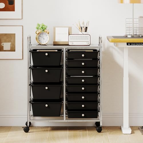 Image of LDAILY 12 Drawer Rolling Storage Cart, Rolling Cart with Drawers for Classroom, Art Supply Craft Organizer on Wheel with Metal Frame & Handles for Home Office School (Black, 12 Drawer Left-Right)