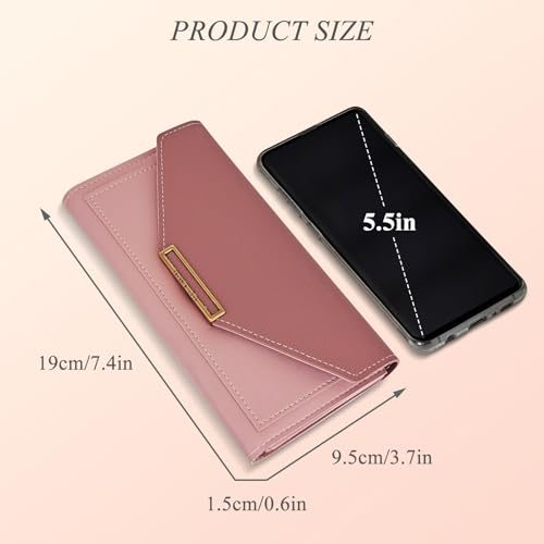 Wallet for Women, Large Capacity PU Leather Bifold Wallet Slim Long Credit Card Wallet with Multi Card Slots (Pink)2