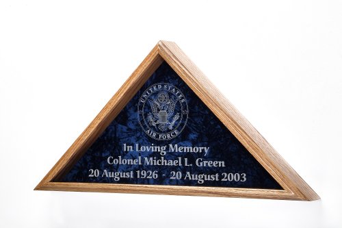 Flag Display Case w/ Military Emblem - Includes 3 Lines of Text Personalization - for 5x9.5 Veteran Burial / Coffin / Casket Flag - Solid Oak (Navy Emblem)