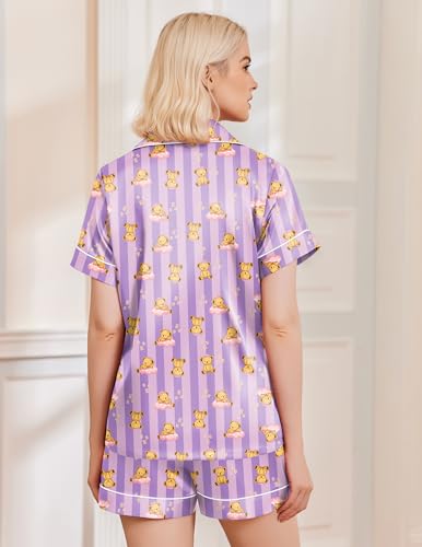 Image of Ekouaer Silk Pajamas for Women Funny Teddy Sleepwear Comfy Short Sleeve Button Down Loungewear Satin Pjs Shorts Set,Pink Purple Striped,XXL