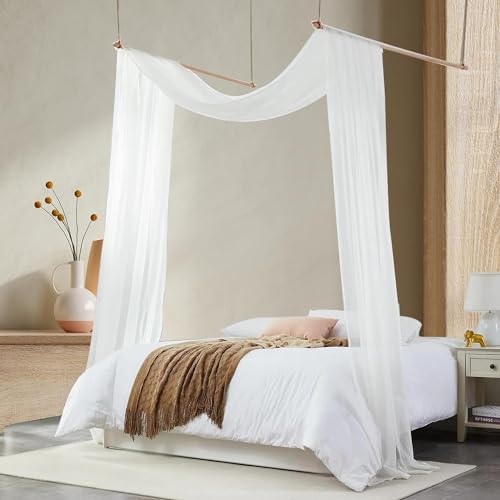 Comtelek Himmelbett Vorhänge mit 2pcs Stange, Organza Stoff Hochzeitstür, Weiß, Fensterdekoration Tüllstoff Meterware Transparent für Betthimmel Doppelbett Traubogen Bohodeko