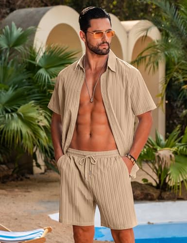 LecGee Men's 2 Piece Vertical Striped Textured Outfits Summer Casual Button Down Shirts and Shorts Matching Sets4