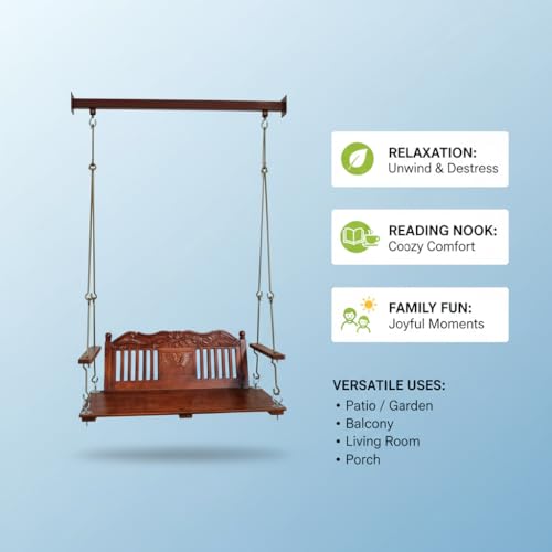 Image of APRODZ Swing for Home Reversible Sheesham Wooden Jhula for Adult for Home | Wooden Swing for Balcony | Hanging Swings with Brass Coated Chain | Patio Double Seater Indoor /Outdoor Swing, 132 x 58cm