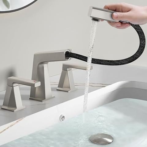 MIAOHUI Brushed Nickel Pull Out Bathroom Faucets 3 Hole, 8 Inch Widespread Bathroom Sink Faucet, Double Handle Vanity Faucet for Bathroom Sink, Sink Faucet Bathroom with Pop-up Drain and Supply Lines Cover