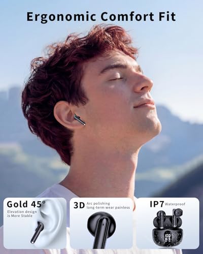 Image of Wireless Earbuds, 2026 Bluetooth 5.4 Headphones Bass Stereo Ear Buds with Noise Cancelling Mic, LED Display in Ear Earphones 50H Playtime Ear Buds, IP7 Waterproof for Laptop Pad Phones Night Black