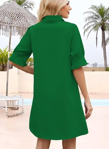 Image of Womens Summer Shirt Dress 2026 Casual Ruffle Short Sleeve Button Down Flowy Swing Shift Mini Dresses with Pockets