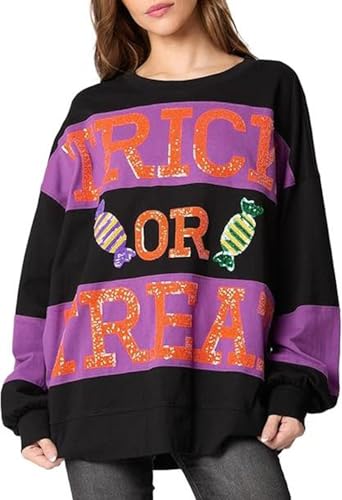 Halloween Sweatshirts for Women Sequin Color Block Crewneck Sweatshirts Long Sleeve Glitter Cute Sweatshirts