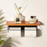 MTCLTC トイレットペーパーホルダー 2 連 天然竹木製 アイアン製 2 連フレーム 大容量のトイレットペーパー収納 天板でスマホや小物、植物を置ける おしゃれでモダンなデザイン バスルーム 賃貸や DIY に最適​ (黄色, ダブル)