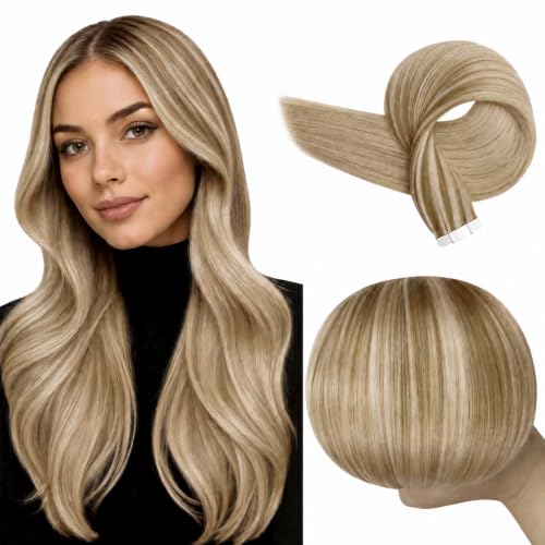 Full Shine Tape In Hair Extensions Human Hair, Golden Brown Blonde 14 Inch