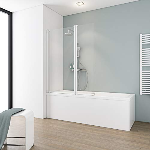 Schulte pare baignoire 104 x 130 cm, profilé blanc, 2 volets (64 + 40), réversible, pivotant rabattable à 180°, verre de sécurité 3 mm transparent, plage...