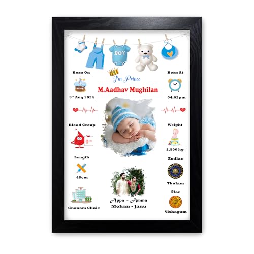 Image of MUSHA Celebrate Precious with Our Personalized Newborn Baby Birth Photo Frame - Birthday Picture Frame for Girls & Boys - Wooden Frame12*18, Boy