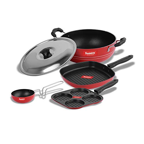 Image of Sumeet 2.6mm Thick Non-Stick Ruz Cookware set (Mini Multi Snack Maker - 19.5cm Dia + Kadhai with Lid - 1.5Ltr capacity- 20cm Dia + Grill Pan - 1.1Ltr Capacity - 22cm Dia + Tadka pan - 10cm Dia)