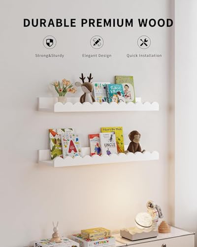 Image of Scalloped Shelves for Nursery - Wall Book Shelves for Bedroom Kids, Nursery Bookshelf for Wall Set of 4, Floating Book Shelves Solid Wood,18 Inch (White)