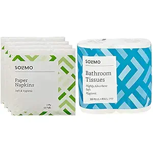 Amazon Brand - Solimo 2 Ply Paper Napkins - 50 Pulls (Pack of 4) and 3 Ply Toilet Paper Tissue Roll - 4 Rolls (300 Pulls Per Roll)